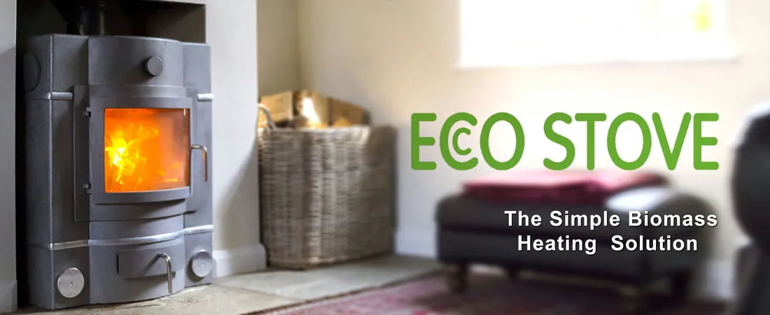 Ecco Stove banner: a masonry stove alight beside a basket of logs