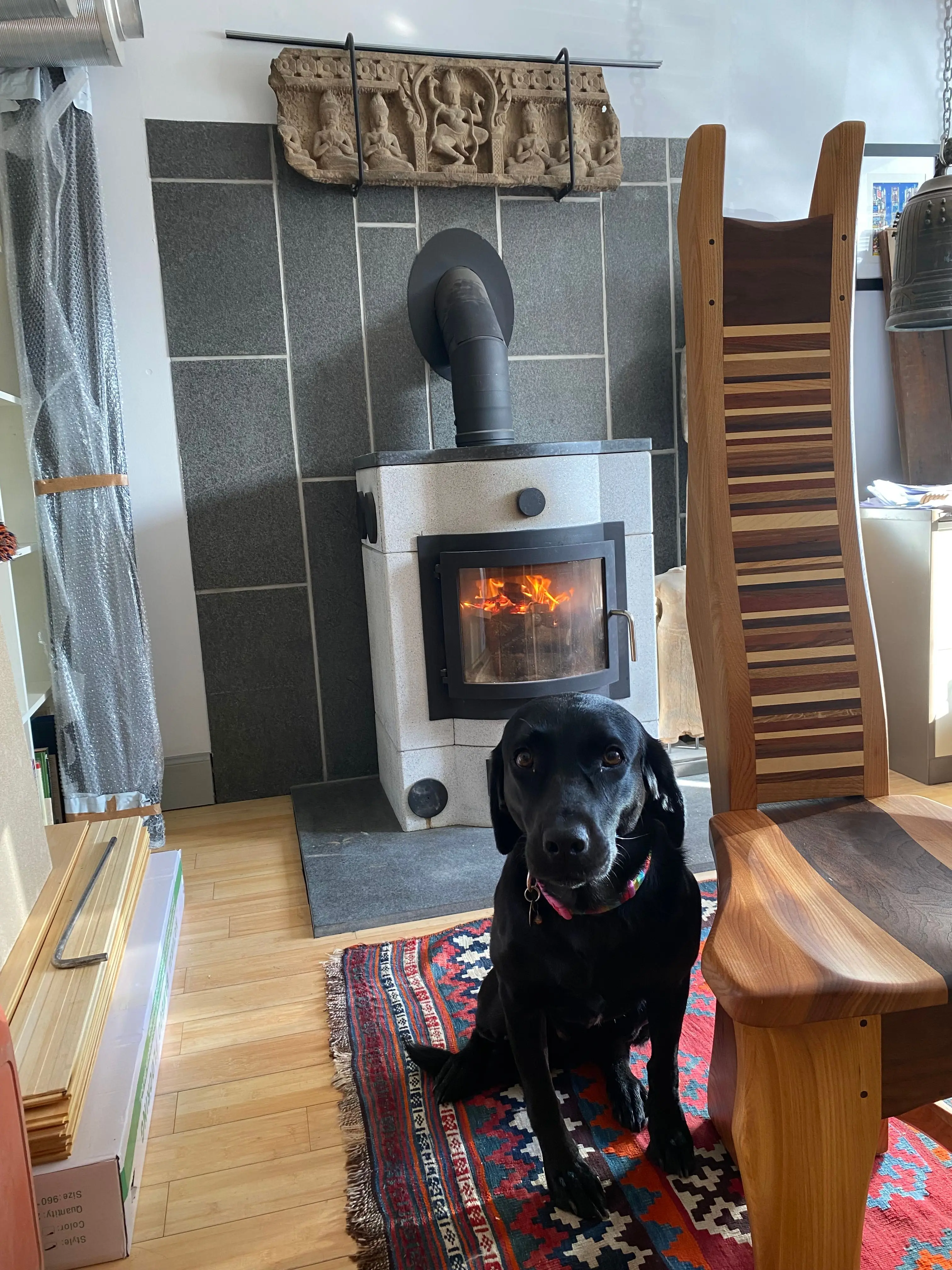 The masonry heater at the Gondwana office, alight, with Willow the labrador sitting on the rug in front of it